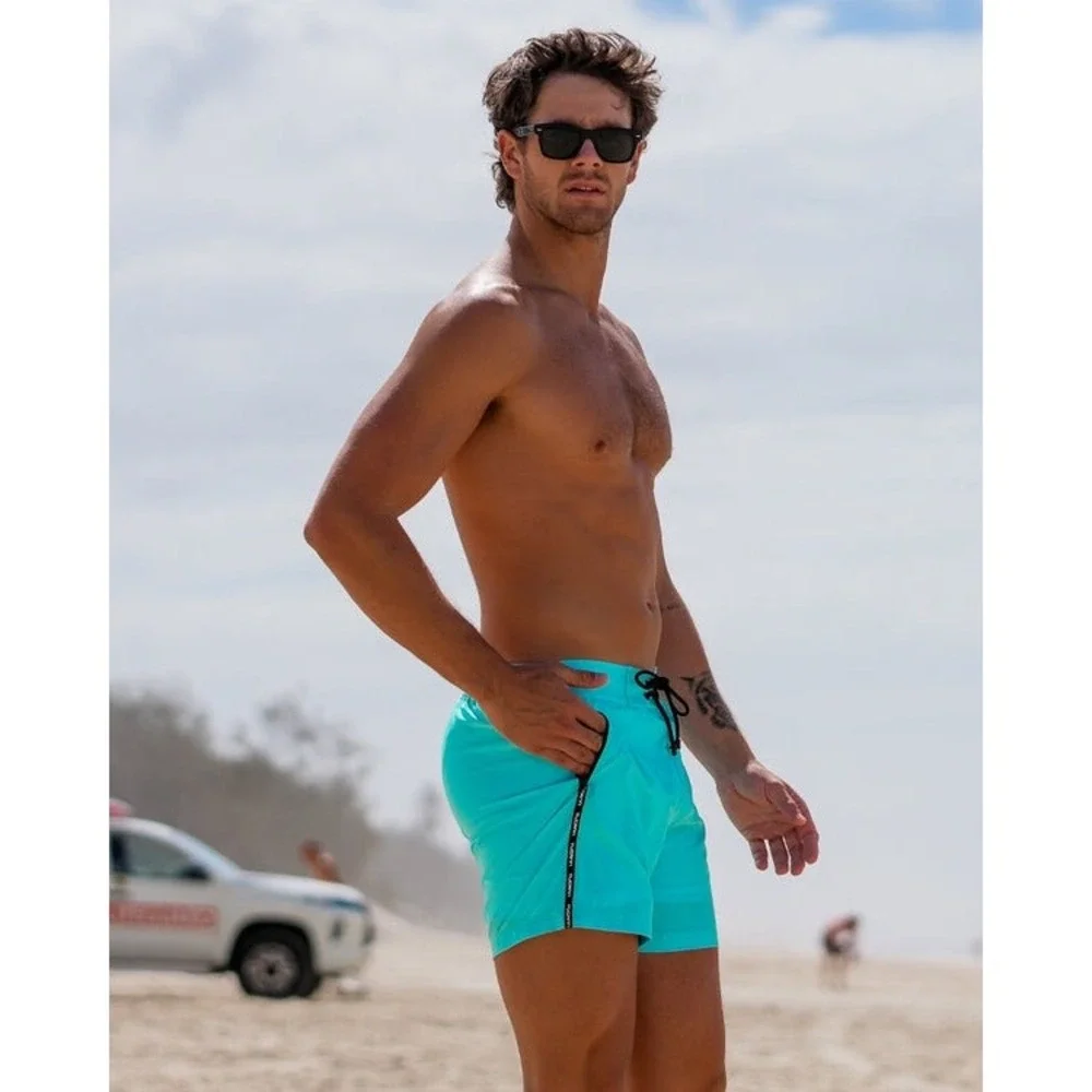 NEW Tucann Fluro Aqua 5 Inch Swim Short Mens Large Blue Compression Liner Trunks
